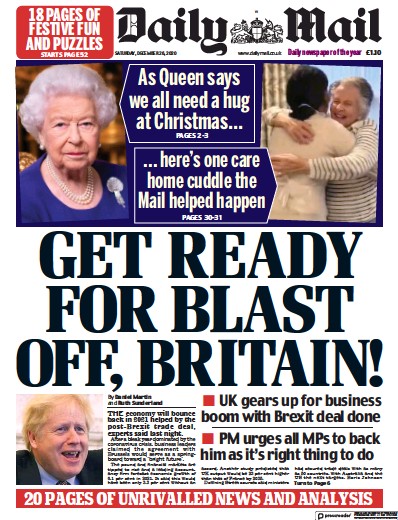Daily Mail (UK) Newspaper Front Page for 26 December 2020