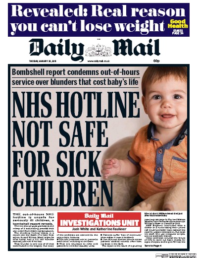 Daily Mail Newspaper Front Page for 26 January 2016