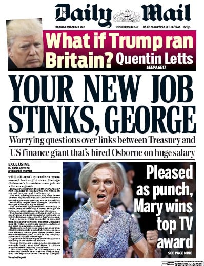 Daily Mail (UK) Newspaper Front Page for 26 January 2017