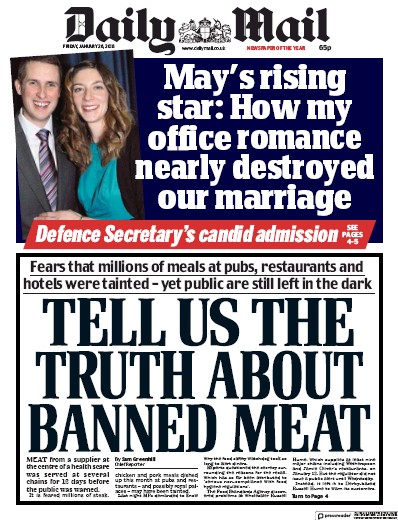 Daily Mail Newspaper Front Page for 26 January 2018
