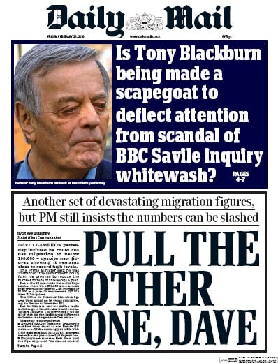 Daily Mail Newspaper Front Page for 26 February 2016