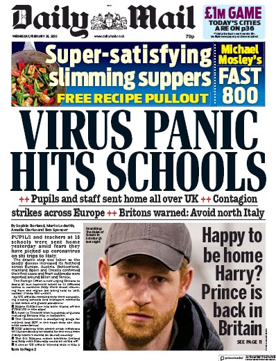 Daily Mail (UK) Newspaper Front Page for 26 February 2020