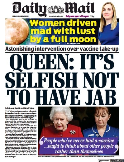 Daily Mail Newspaper Front Page for 26 February 2021