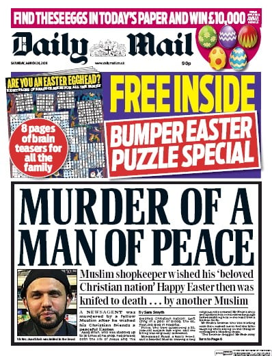 Daily Mail Newspaper Front Page for 26 March 2016