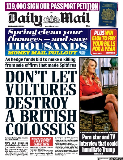 Daily Mail Newspaper Front Page for 26 March 2018
