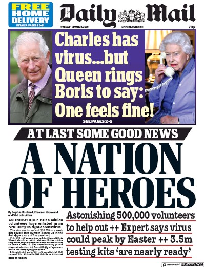 Daily Mail Newspaper Front Page for 26 March 2020