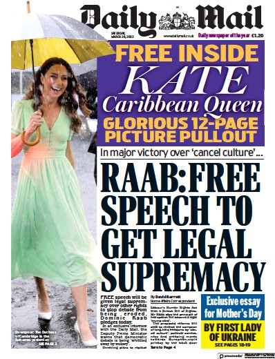 Daily Mail Newspaper Front Page for 26 March 2022
