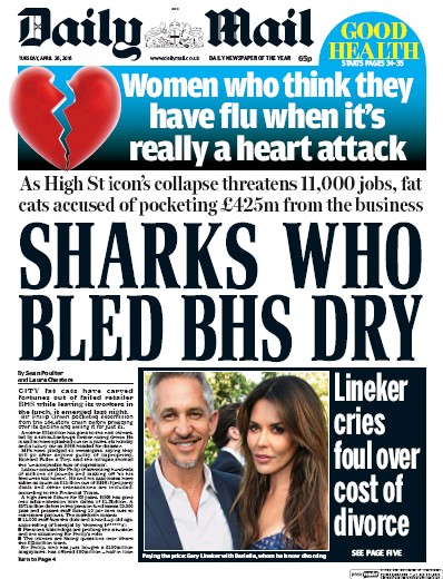 Daily Mail (UK) Newspaper Front Page for 26 April 2016