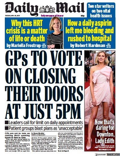Daily Mail Newspaper Front Page for 26 April 2022