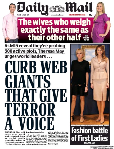 Daily Mail Newspaper Front Page for 26 May 2017
