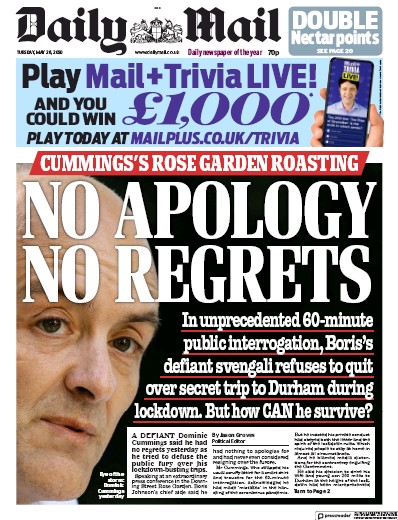 Daily Mail Newspaper Front Page for 26 May 2020