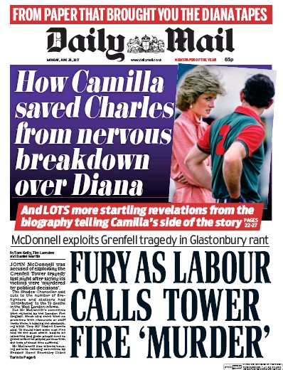 Daily Mail (UK) Newspaper Front Page for 26 June 2017