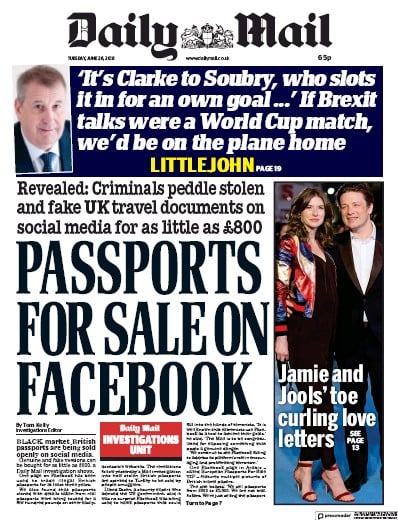 Daily Mail Newspaper Front Page for 26 June 2018