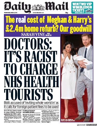 Daily Mail Newspaper Front Page for 26 June 2019
