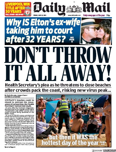 Daily Mail Newspaper Front Page for 26 June 2020