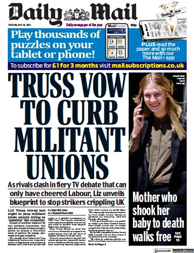 Daily Mail Newspaper Front Page for 26 July 2022
