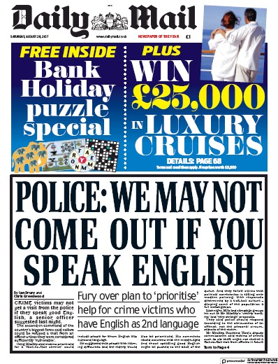 Daily Mail Newspaper Front Page for 26 August 2017