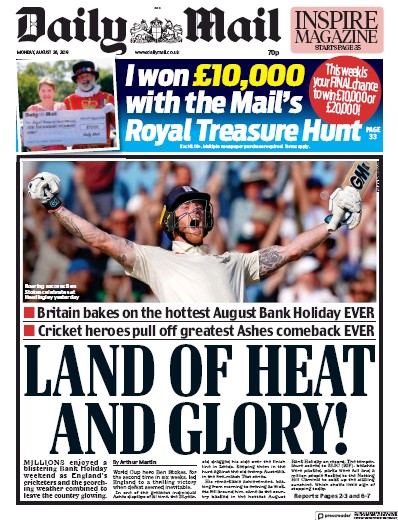 Daily Mail Newspaper Front Page for 26 August 2019