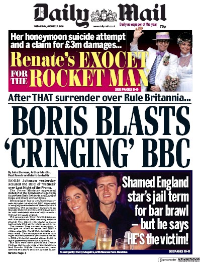 Daily Mail Newspaper Front Page for 26 August 2020