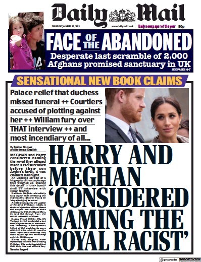 Daily Mail (UK) Newspaper Front Page for 26 August 2021