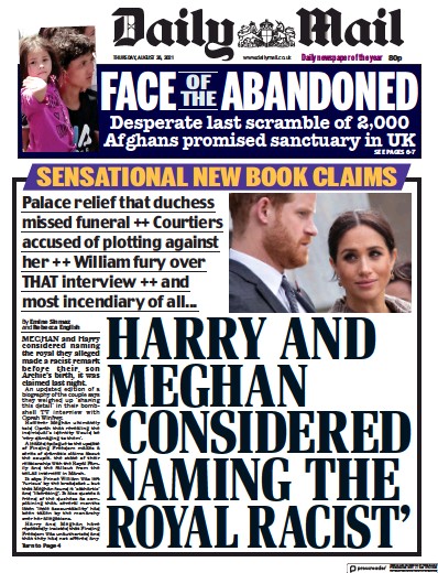 Daily Mail Newspaper Front Page for 26 August 2021