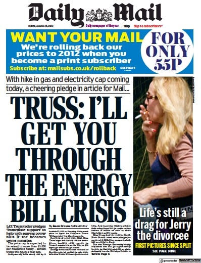 Daily Mail (UK) Newspaper Front Page for 26 August 2022