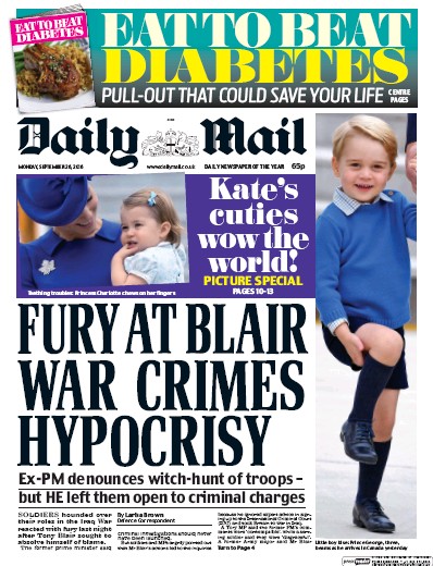Daily Mail (UK) Newspaper Front Page for 26 September 2016