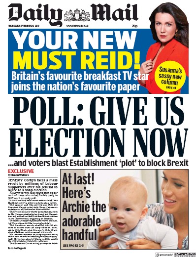 Daily Mail Newspaper Front Page for 26 September 2019