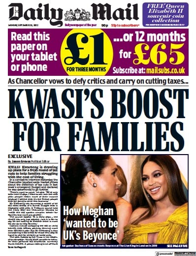 Daily Mail (UK) Newspaper Front Page for 26 September 2022