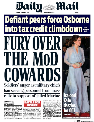 Daily Mail (UK) Newspaper Front Page for 27 October 2015