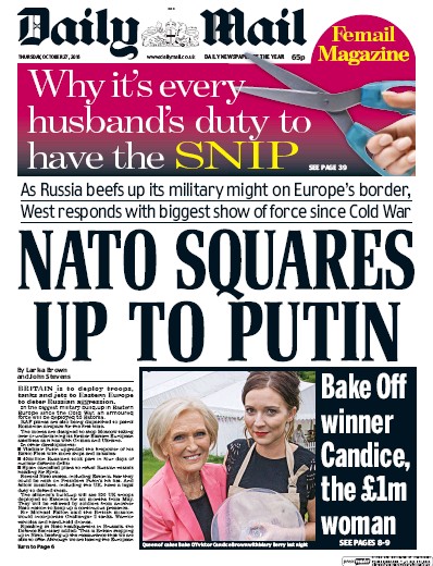 Daily Mail Newspaper Front Page for 27 October 2016