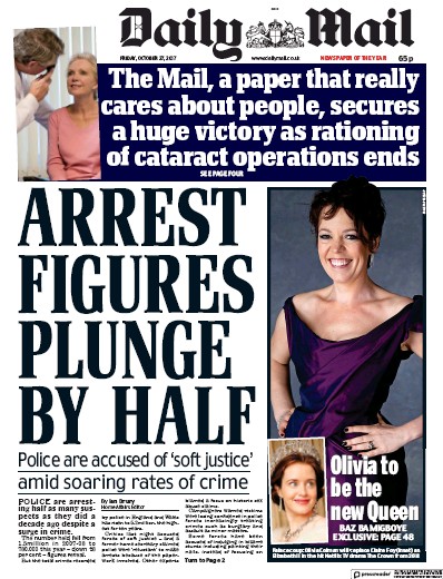 Daily Mail Newspaper Front Page for 27 October 2017