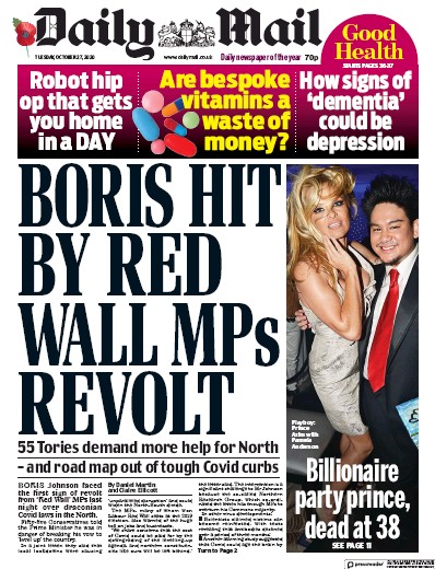 Daily Mail Newspaper Front Page for 27 October 2020