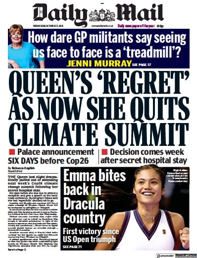 Daily Mail (UK) Newspaper Front Page for 27 October 2021