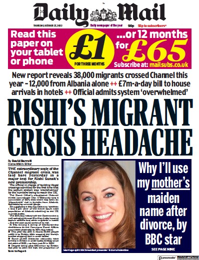 Daily Mail Newspaper Front Page for 27 October 2022