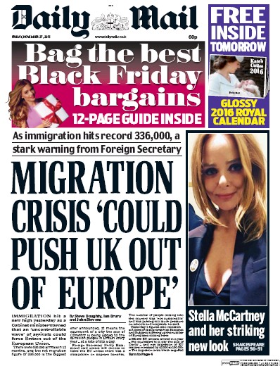 Daily Mail Newspaper Front Page for 27 November 2015