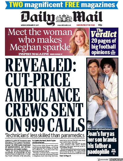 Daily Mail Newspaper Front Page for 27 November 2017