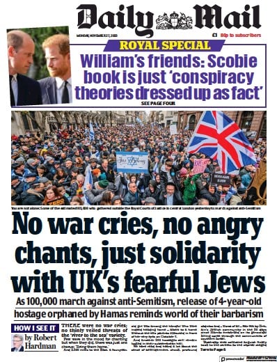 Daily Mail (UK) Newspaper Front Page for 27 November 2023