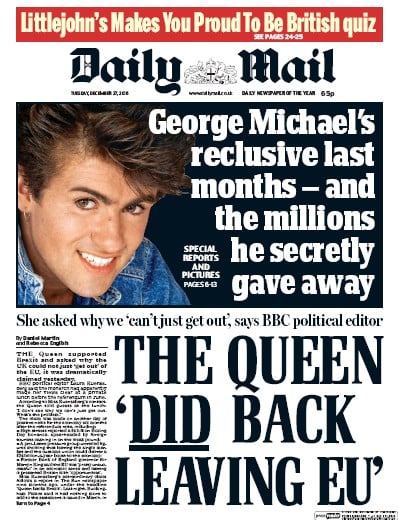Daily Mail (UK) Newspaper Front Page for 27 December 2016