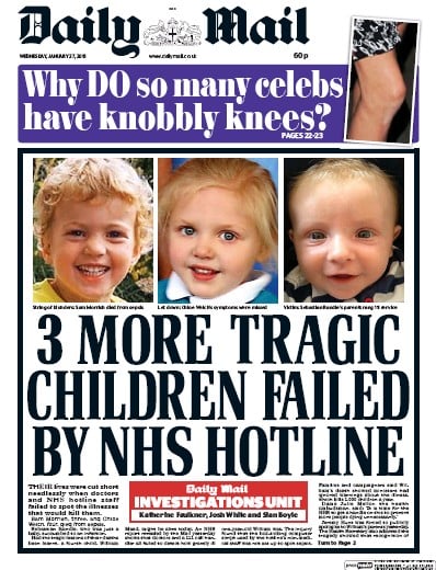 Daily Mail Newspaper Front Page for 27 January 2016