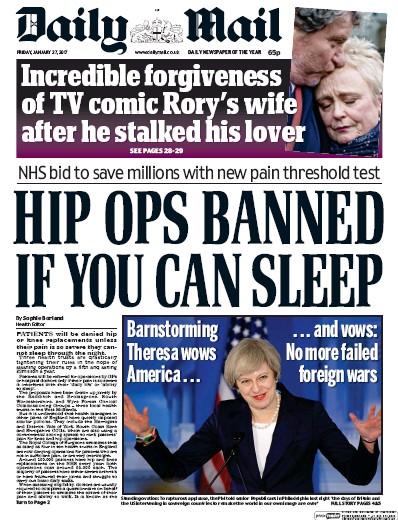 Daily Mail Newspaper Front Page for 27 January 2017
