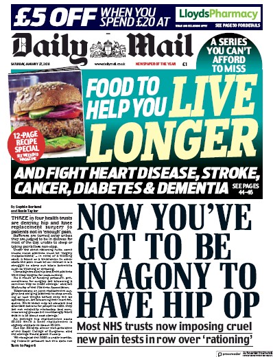 Daily Mail Newspaper Front Page for 27 January 2018