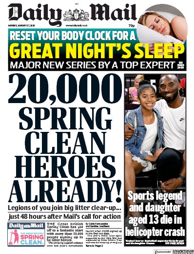 Daily Mail Newspaper Front Page for 27 January 2020