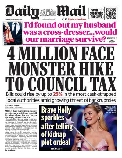Daily Mail (UK) Newspaper Front Page for 27 January 2025