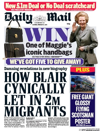 Daily Mail Newspaper Front Page for 27 February 2016