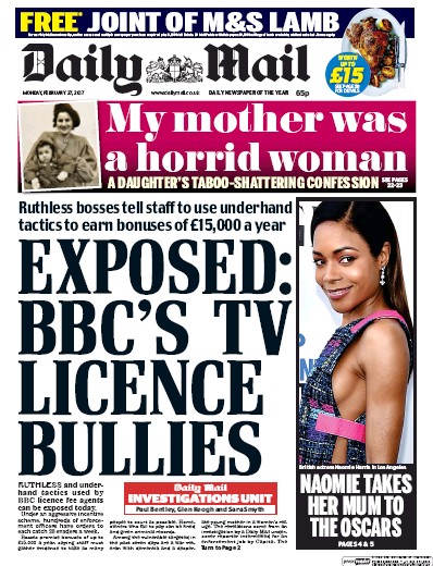 Daily Mail Newspaper Front Page for 27 February 2017