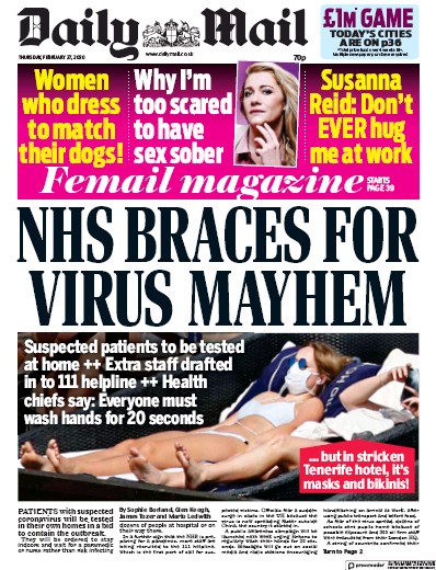 Daily Mail Newspaper Front Page for 27 February 2020