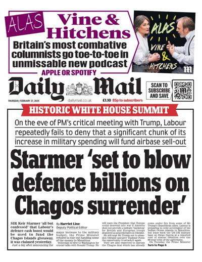Daily Mail (UK) Newspaper Front Page for 27 February 2025