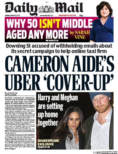 Daily Mail Newspaper Front Page for 27 March 2017