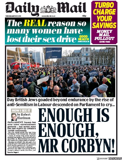 Daily Mail Newspaper Front Page for 27 March 2018
